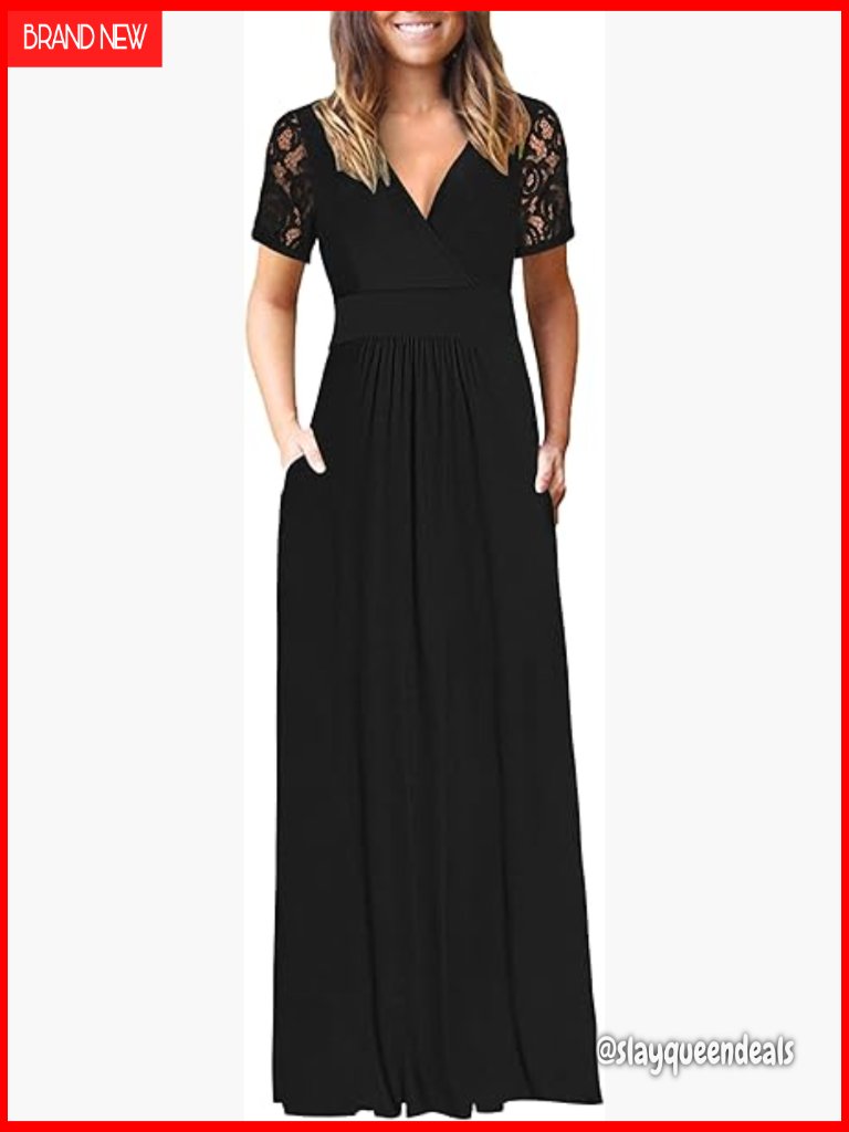 Maxi Dress With Lace Sleeves And Pockets Wrap Empire Waist